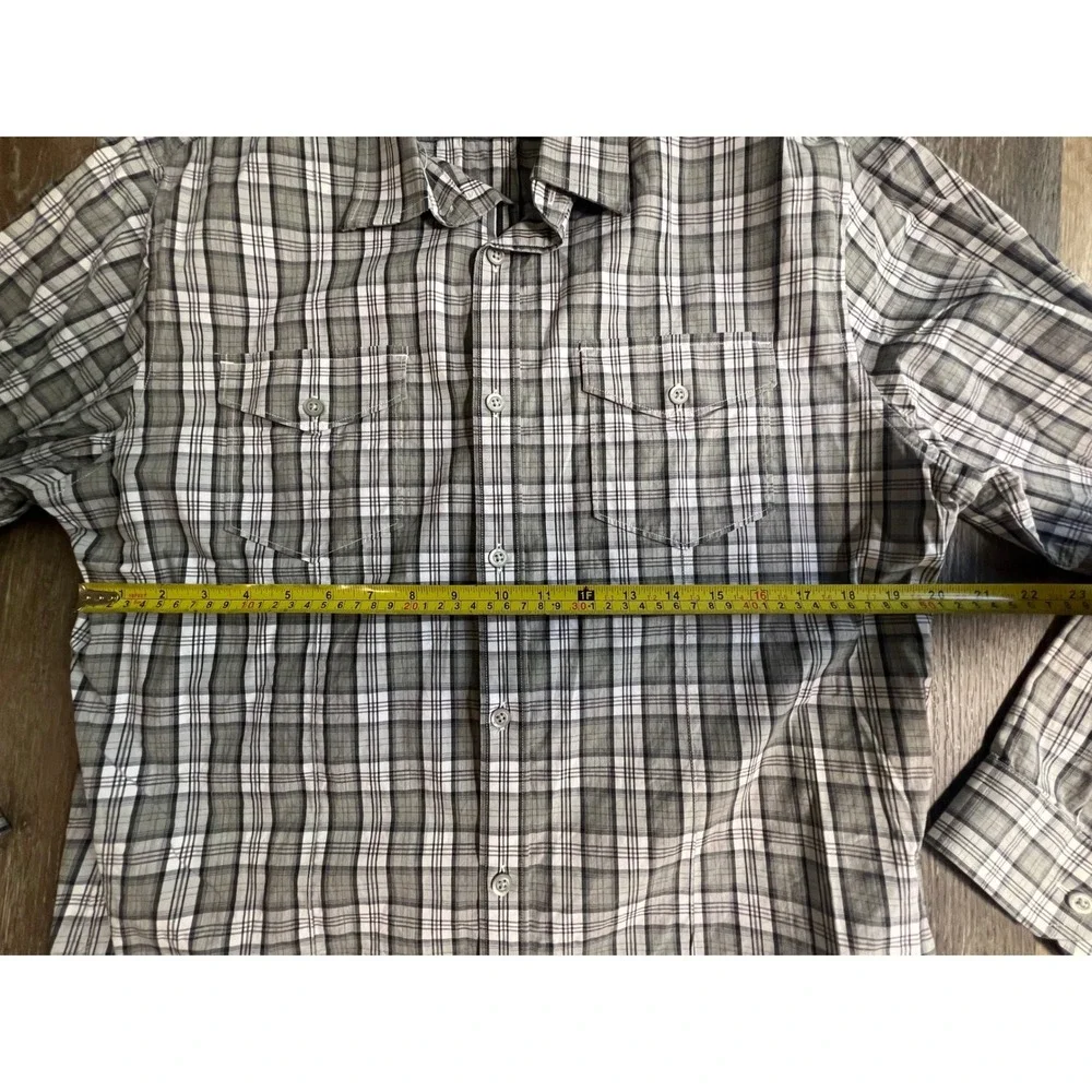 Banana Republic Plaid Button Down Mens Large Grey‎ Excellent Long Sleeve Pockets